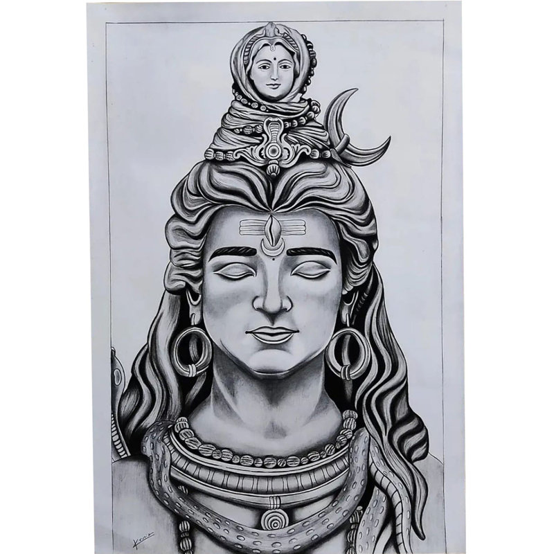 «Lord Shiva with Maa Ganga», dessin au fusain sur papier - Art spirituel indien de 16,7 po x 11,7 po par Krutik Jangir