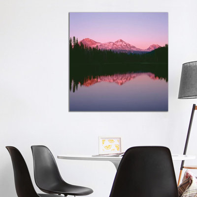 Or, Willamette Nf. Sunset Reddens The Three Sisters Which Reflect In Scott Lake. by John Barger - Wrapped Canvas Print