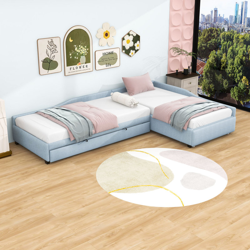 Double Twin Size Upholstered Daybed with Twin Trundle and Drawer, Beige