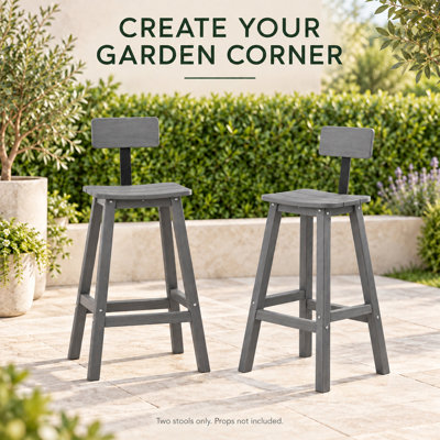 Bar Stools Set of 2 with Backrests, 29 Inch for Kitchen Island Bar, Gray Textured Wood Look, Curved Seat & Footrests, Space Saving Indoor Outdoor Home Bar