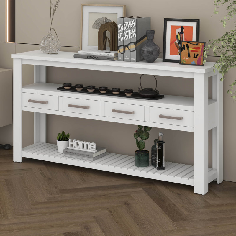 Console surdimensionnée de 62,2 po avec rangement, grande table d'entrée avec 4 tiroirs et tablettes ouvertes à 3 niveaux, table de canapé polyvalente