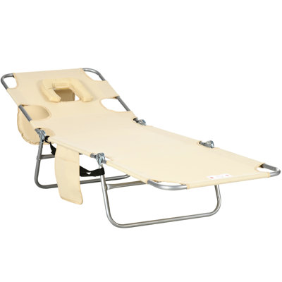 Poolside Reclining Chair With Face Hole, Arm Slots, Pillow And Storage Pocket For Patio, Garden, Beach, Beige Beach Pool Lounge 5-Level Adjustable , Slots