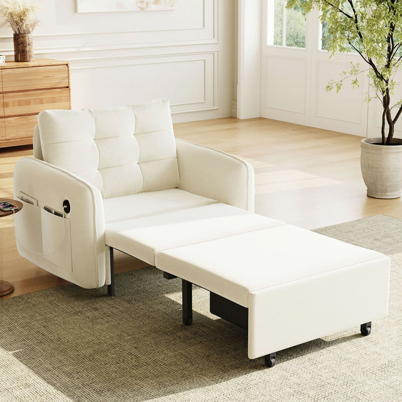 Canapé-lit 3 en 1, méridienne escamotable extra longue de 80 po avec charge USB, poches et boîte de rangement, conception capitonnée, canapé-lit simple en chenille multifonctionnel pour le salon et l’appartement