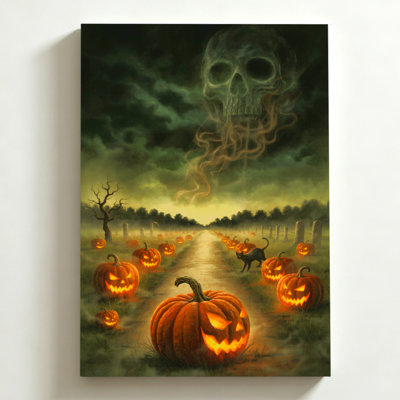 Tableau sur toile d'Halloween 61 x 91 cm. Des citrouilles bordent un chemin brumeux sous un nuage en forme de crâne, un chat noir à proximité. Impression sur toile, peinture numérique sur le thème d'Halloween. Décoration murale moderne pour chambre, salon et bureau.