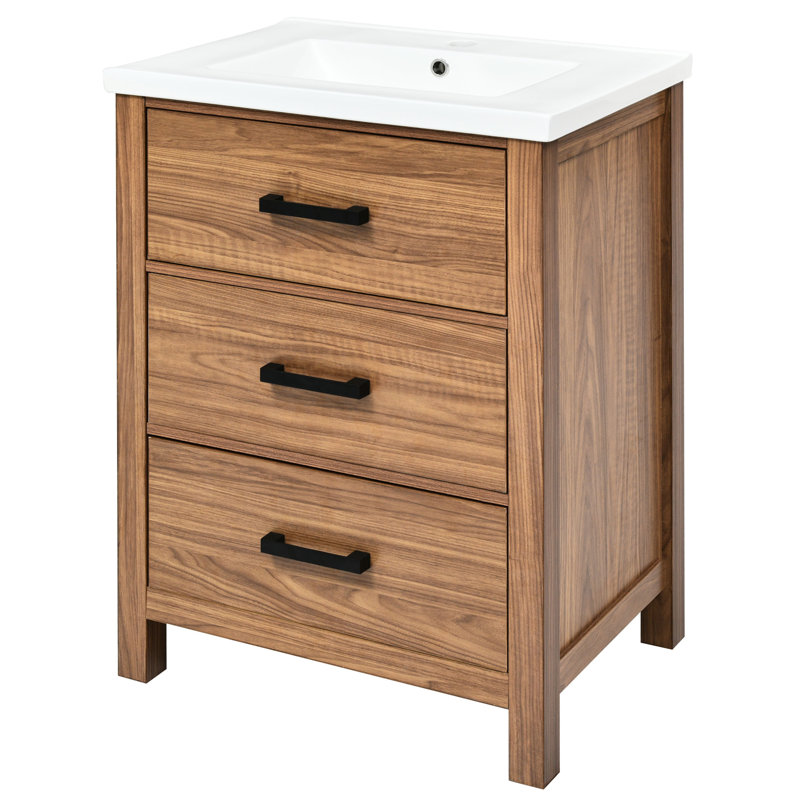 Meuble-lavabo autoportant de 24 po avec lavabo en céramique - 3 tiroirs modernes, 3 tiroirs, rangement encastré moderne