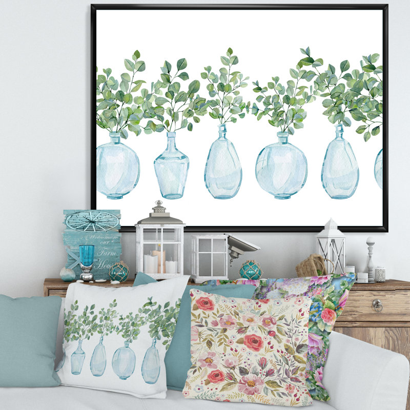 Plantes d'intérieur dans un vase en verre, branches d'eucalyptus II - peinture sur toile, H 16 po x l 32 po