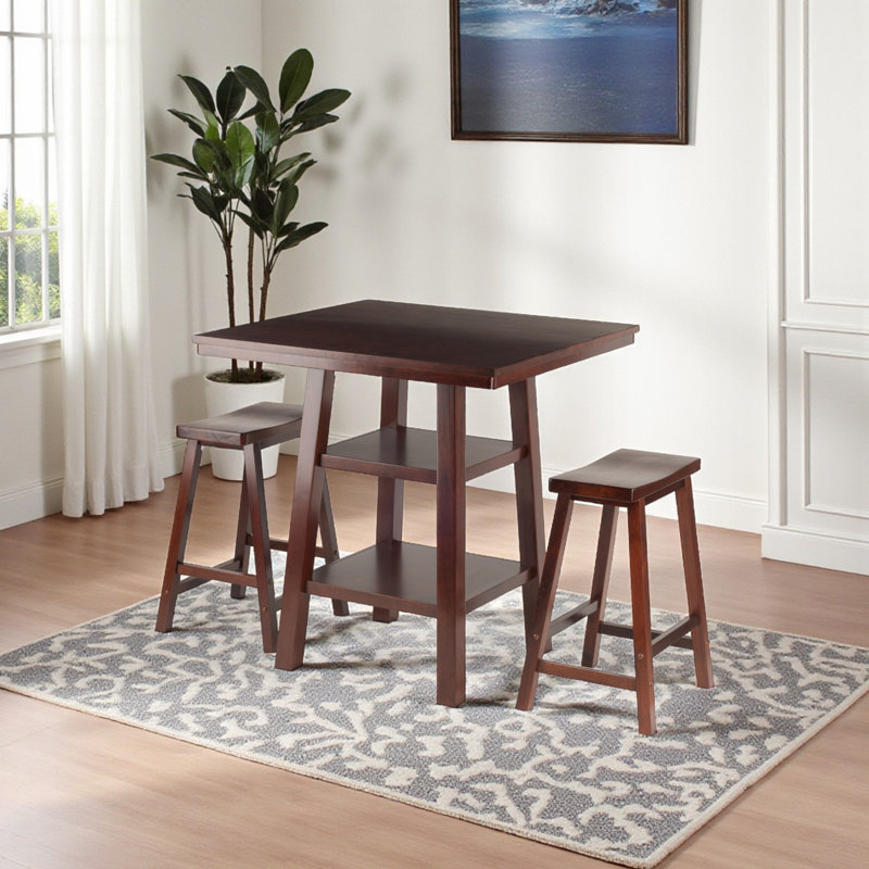 Ilianne High Table with Saddle Seat Counter Stools, Walnut, 3