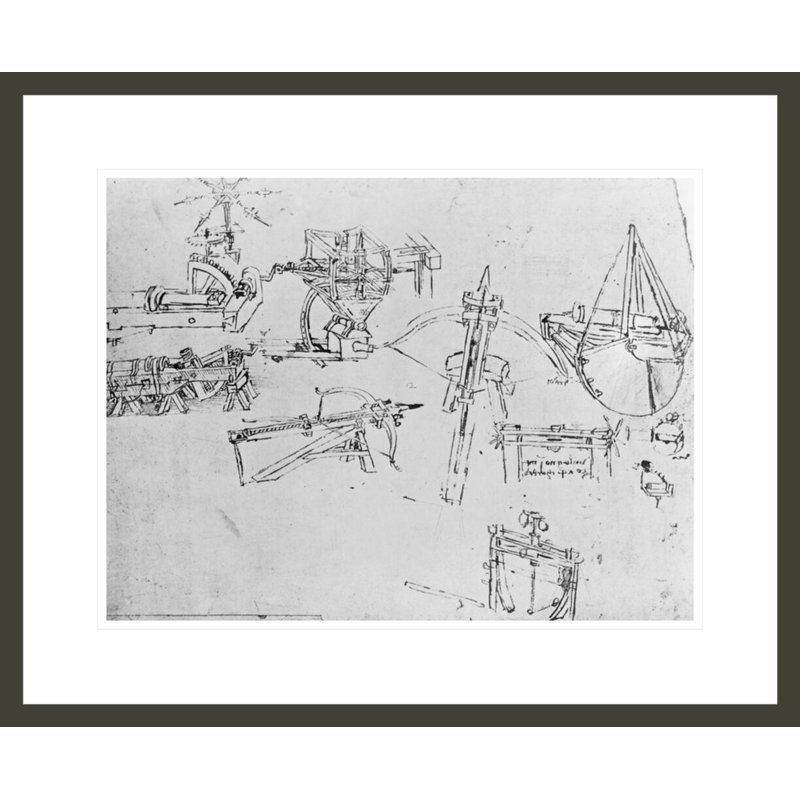 Armes et détails de dessins 149b-r from the Codex Atlanticus 1478-1518 by Leonardo da Vinci - Impression Giclée encadrée