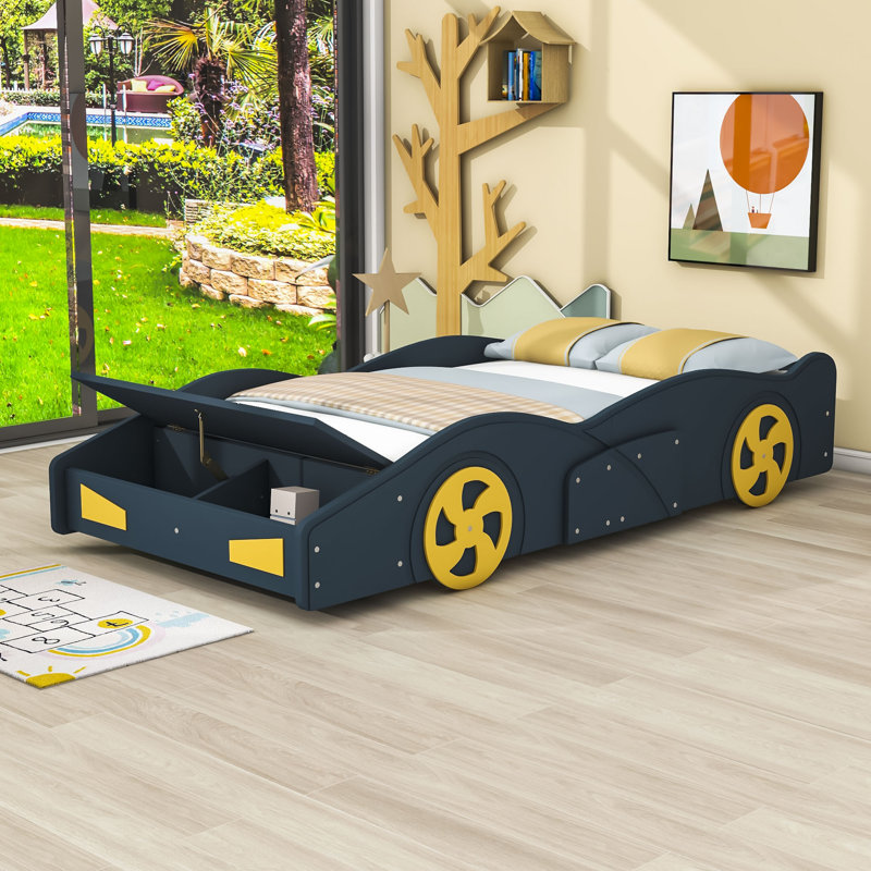 Abdullbasit Twin Size Race Car-Shaped Platform Bed with Wheels, Blue/Yellow