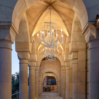 Lustre argenté de style campagnard, luminaires suspendus géométriques 8 lumières, luminaire industriel rustique pour hall d'entrée, grands lustres de vestibule pour plafonds hauts, pour îlot de cuisine, escalier, couloir