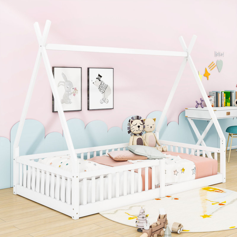Twin Wood House Bed With Fence