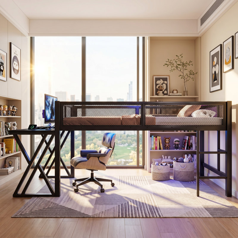 Lit mezzanine avec bureau Gaming, lumières DEL, ports USB, escalier et garde-corps en filet, Twin XL