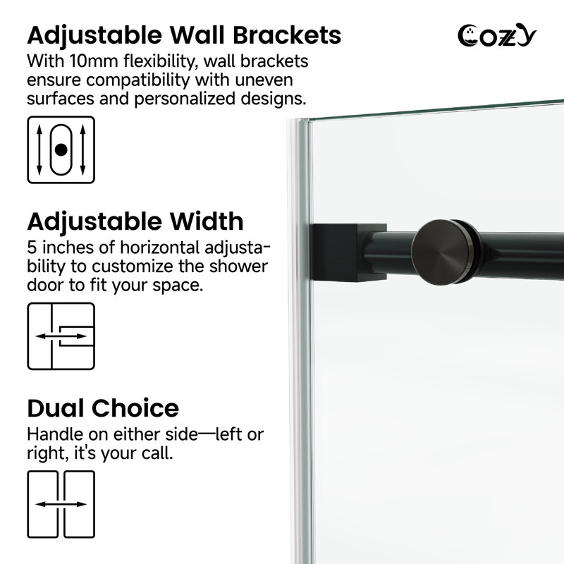 Porte de douche coulissante simple sans cadre l 68 à 73 po x H 76 po avec verre trempé transparent de 3/8 po (10 mm), film incassable et localisateur de trous d'installation - Rail supérieur rond