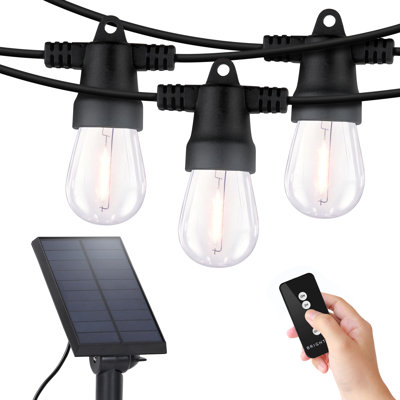 Ambience Pro 48 ft. Solar Outdoor Patio LED String Lights with 15 Soft White S14 Edison Bulbs, Remote Control, Weatherproof