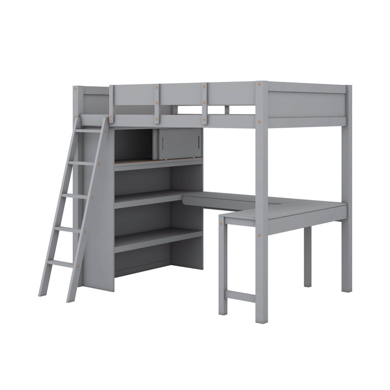 Lit mezzanine double avec bureau et tablette, Gris
