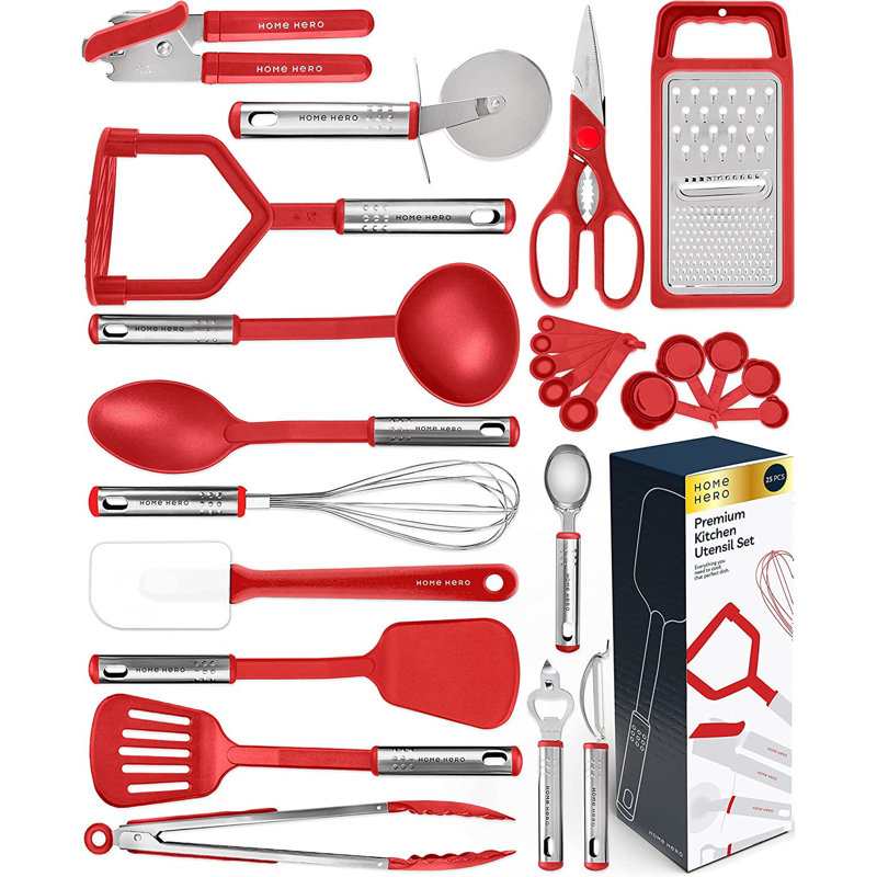 Ensemble d'ustensiles de cuisine 25 ustensiles de cuisine en nylon Batterie de cuisine, Rouge