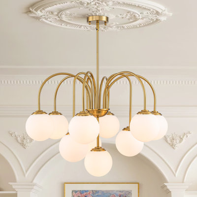 Lustre à 10 lumières de style milieu du siècle, composé de bras en verre en forme de spirale.