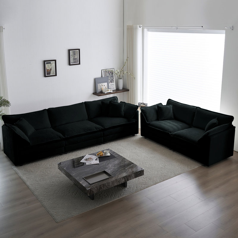 Canapé moderne 2 + 3 places en chenille noire pour espace de vie, structure en bois massif et mousse confortable