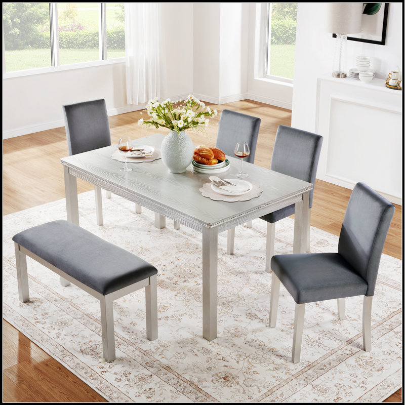 Ensemble de table de salle à manger 6 pièces en bois avec chaises rembourrées et banc, table rectangulaire ornée de cristaux pour une salle à manger élégante