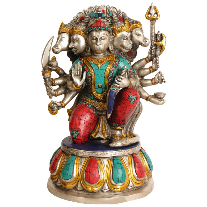 Handmade 13" Panchamukhi Hanuman Brass Statue – Five-Faced Hindu Deity, Indian Spiritual Protector for Altar & Home Décor
