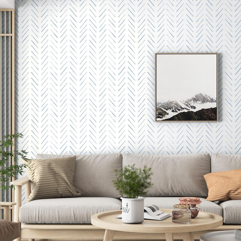 Papier peint adhésif à chevrons, rouleau de vinyle amovible auto-adhésif de 17,3 po x 393 po, papier de contact Boho bleu et blanc pour la chambre à coucher, la salle de bain, les armoires, et plus encore