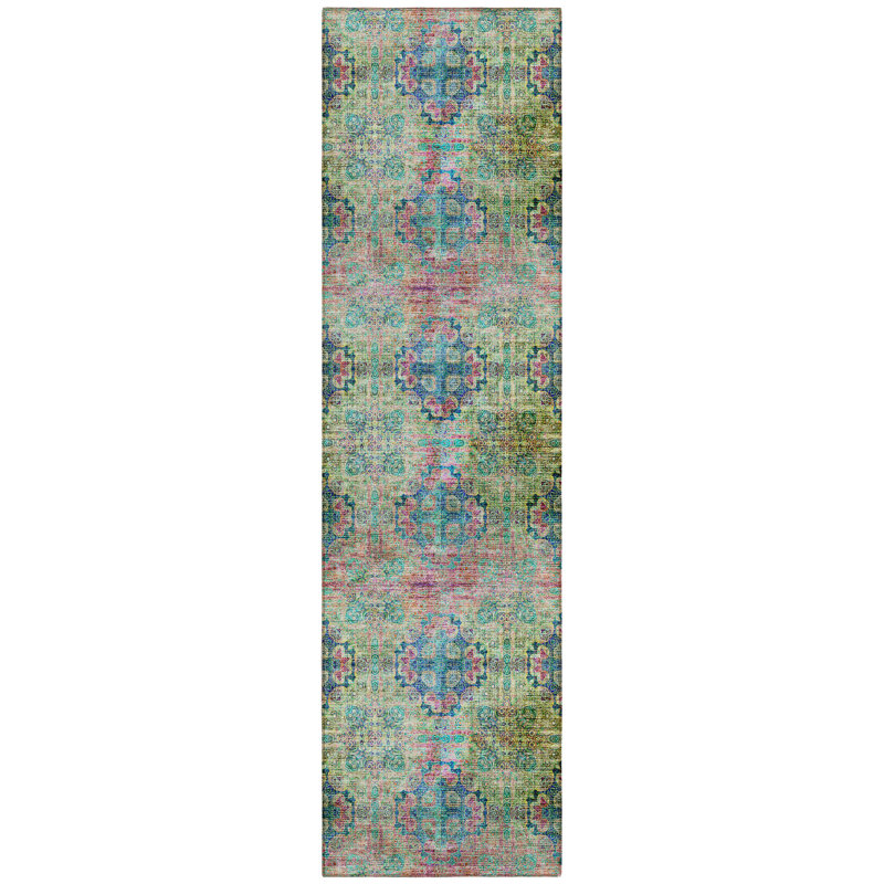 8' Runner Blue and Green Floral Medallion Washable Non Skid Indoor Outdoor Runner Rug