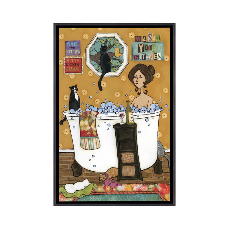 « Wash your kitties » par Jamie Morath-impression, H 26 po x l 18 po x 1,5 po, Toile avec cadre noir patiné, Pas de tapis
