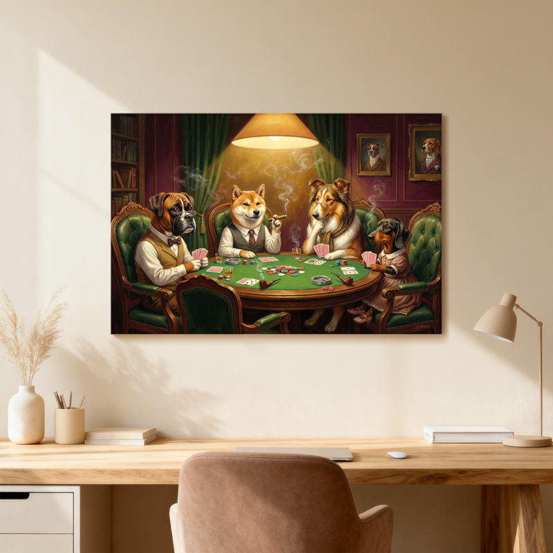 Chiens de mode jouant au poker dans une somptueuse pièce, H 16 po x l 24 po, Impression encadrée sans passe-partout
