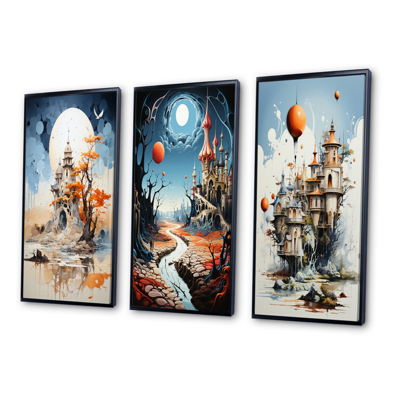 «Surréalisme, rêve, caslte imaginaire», 3 pièces sur toile, Cadre noir, H 28 po x l 36 po