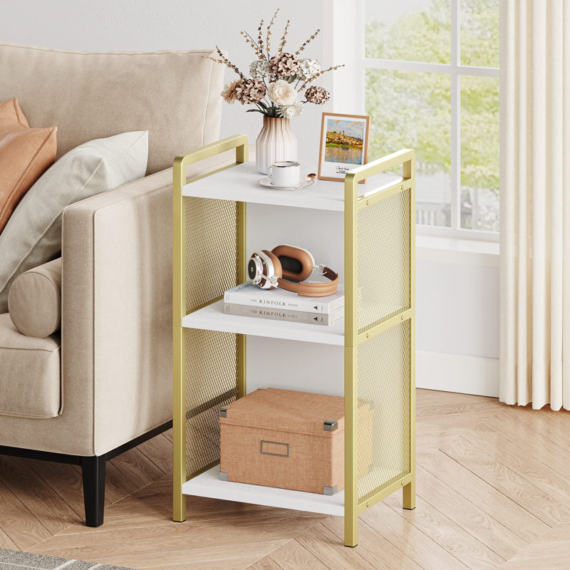 Meuble pour platine vinyle Qeetex doré avec plateau en marbre, table de rangement à 3 niveaux en métal pour salon, chambre, bureau – Nouveau modèle 2025 doré avec panneau en marbre