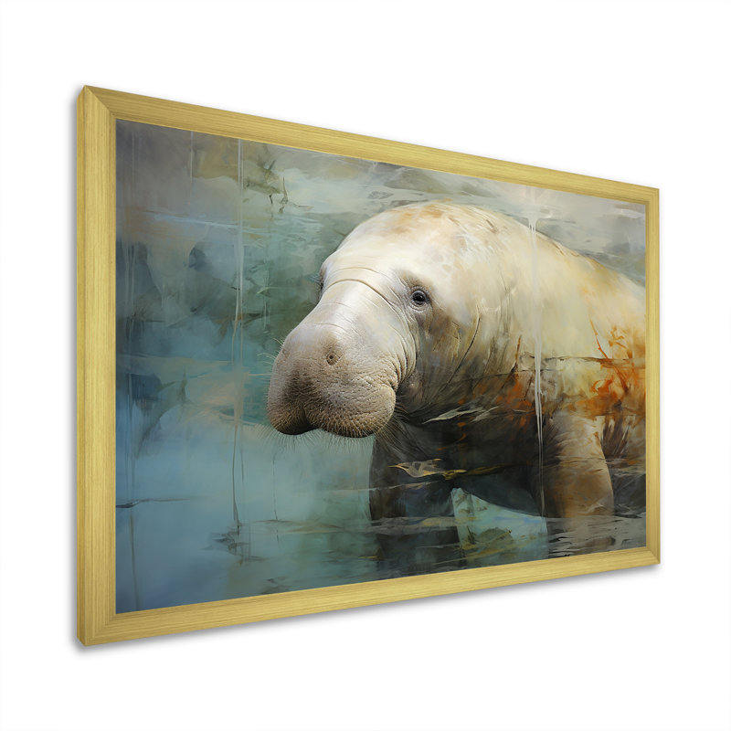 Humble lamantin gris sur toile, Cadre doré simple, H 16 po x l 32 po x P 1 po