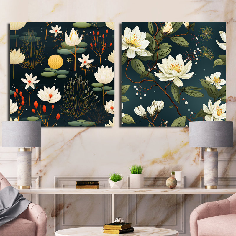 Sherree - Ensemble de 2 collages carrés floraux, H 30 po x l 61 po, Toile tendue