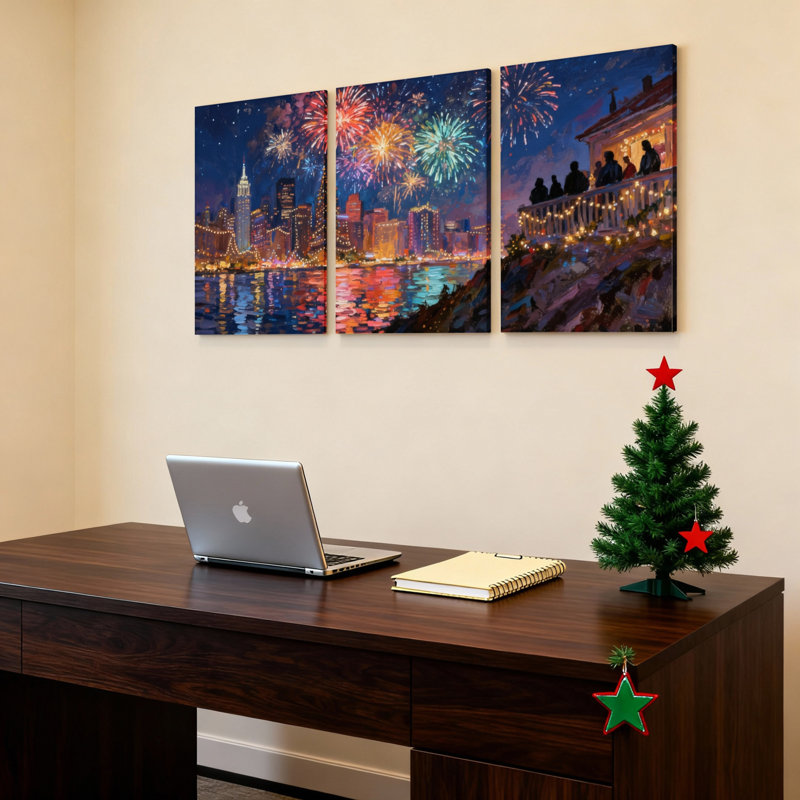 Ensemble de 3 toiles murales « Feux d'artifice et paysage urbain nocturne »., H 18 po x l 36 po