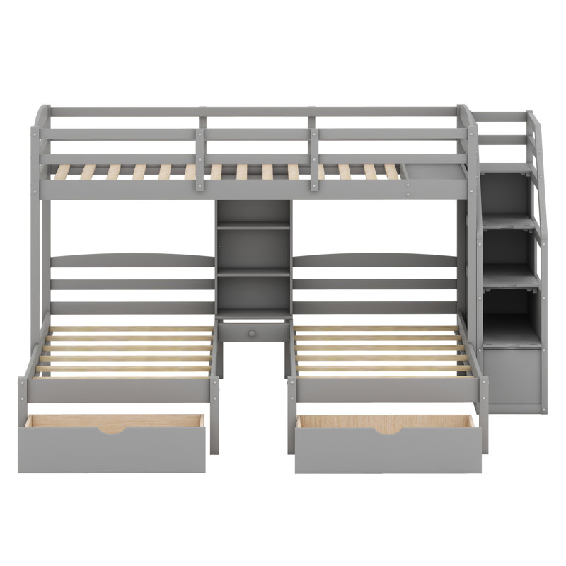 Triple lit superposé avec tiroirs, escalier de rangement et tablettes intégrées, Gris