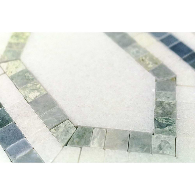 Infinity 10x12 Micro Hexagon Polished Marble Mosaic Tile, Ming Green Thassos/Linblue
