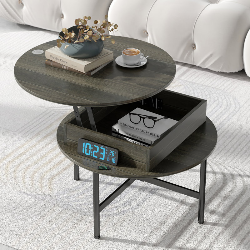 Giles Lift Top Round Coffee Table With Storage For Living Room And Home Office, Gray