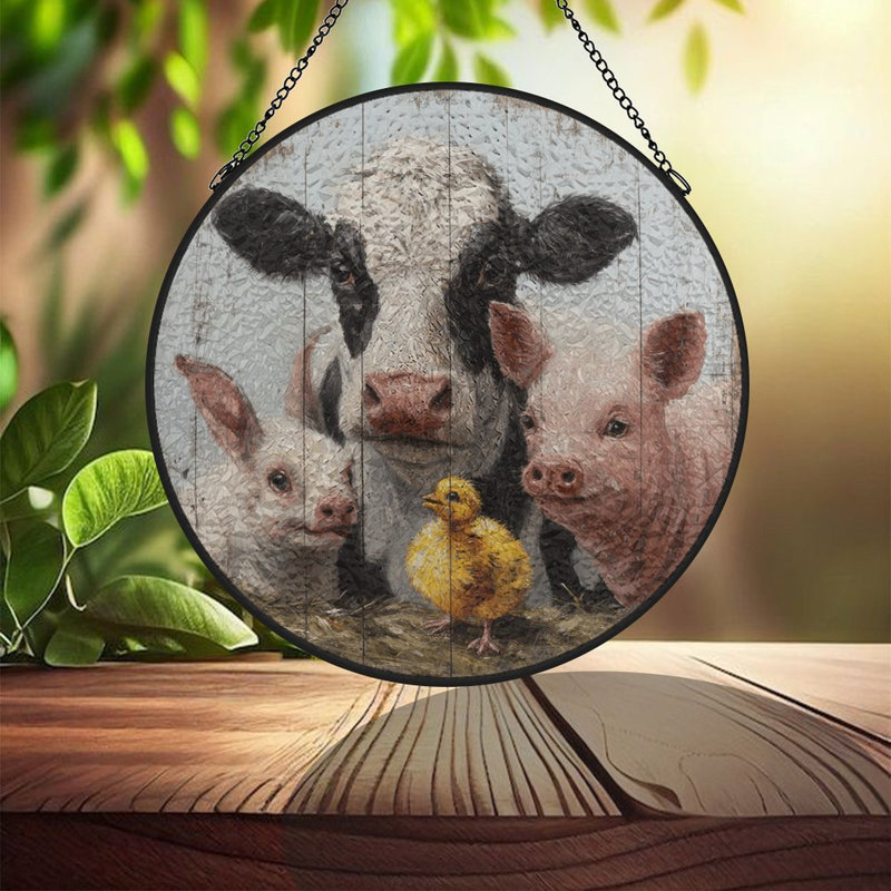 Panneau en vitrail représentant une vache, un cochon et un poussin (1), attrape-soleil pour la décoration de fenêtre