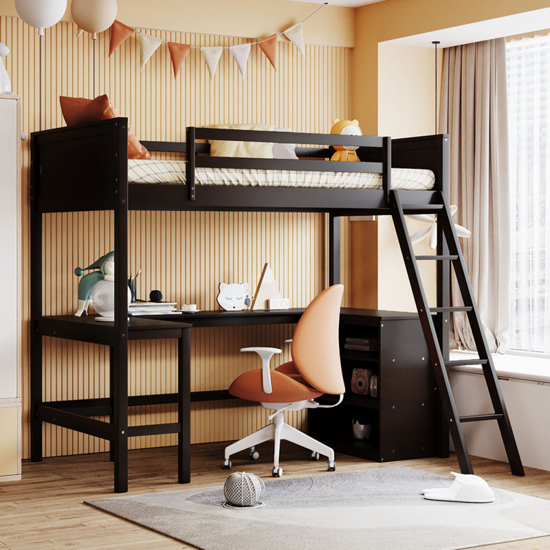 Lit mezzanine simple avec tablettes et bureau, lit mezzanine en bois avec bureau - Espresso