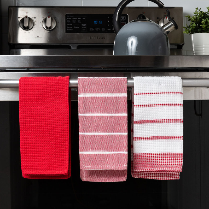 Cannady Cotton Stripe Waffle Tea Towel Kitchen Towel, Red, 26" L x 18" W