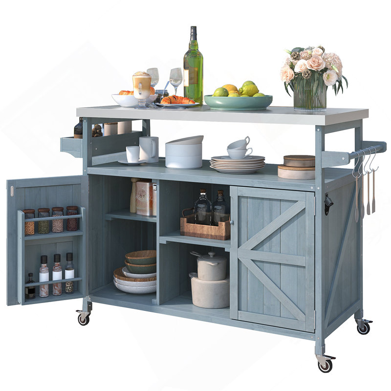 Outdoor Kitchen Island, Rolling Bar Cart & Storage Cabinet, Farmhouse Solid Wood Outdoor Grill Table With Stainless Steel Top, Spice Rack , Towel Rack For Kitchen & BBQ , Grey Blue