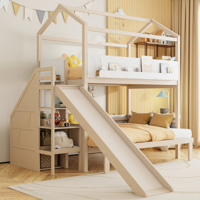 Lit superposé simple au-dessus de simple à double avec glissière et escalier de rangement, structure de lit en bois de pin massif avec tablettes de bibliothèque arrière, lit en bois multifonctionnel peu encombrant