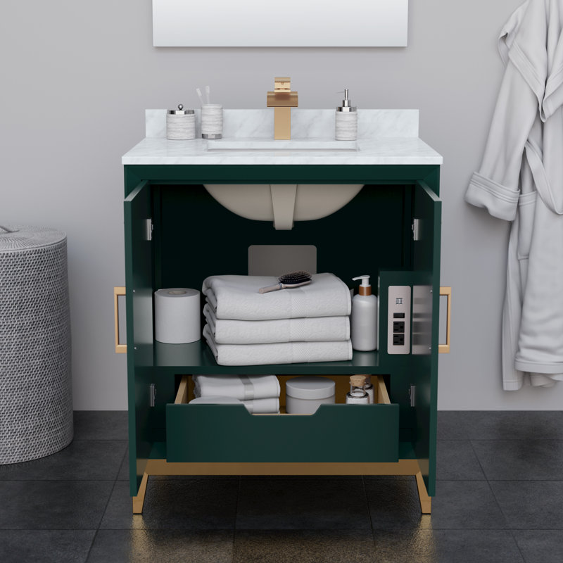 Meuble-lavabo simple autoportant 30 po avec plateau en marbre Marlena, Vert, Bronze satiné