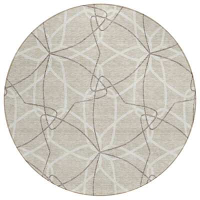8' Beige And Ivory Round Geometric Washable Indoor Outdoor Area Rug