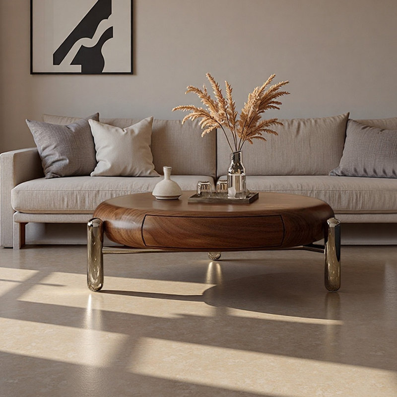 Table basse ronde en bois avec tiroir