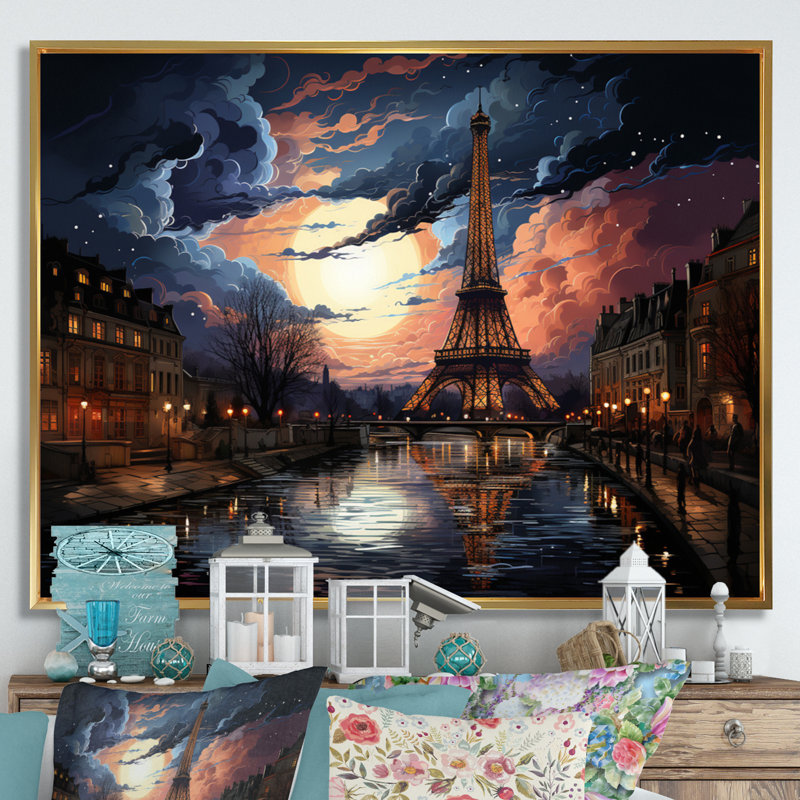 «Futuristic Paris Eiffel Tower Scenery IV», reproduction sur toile, 30" H x 40" W, Cadre flottant doré