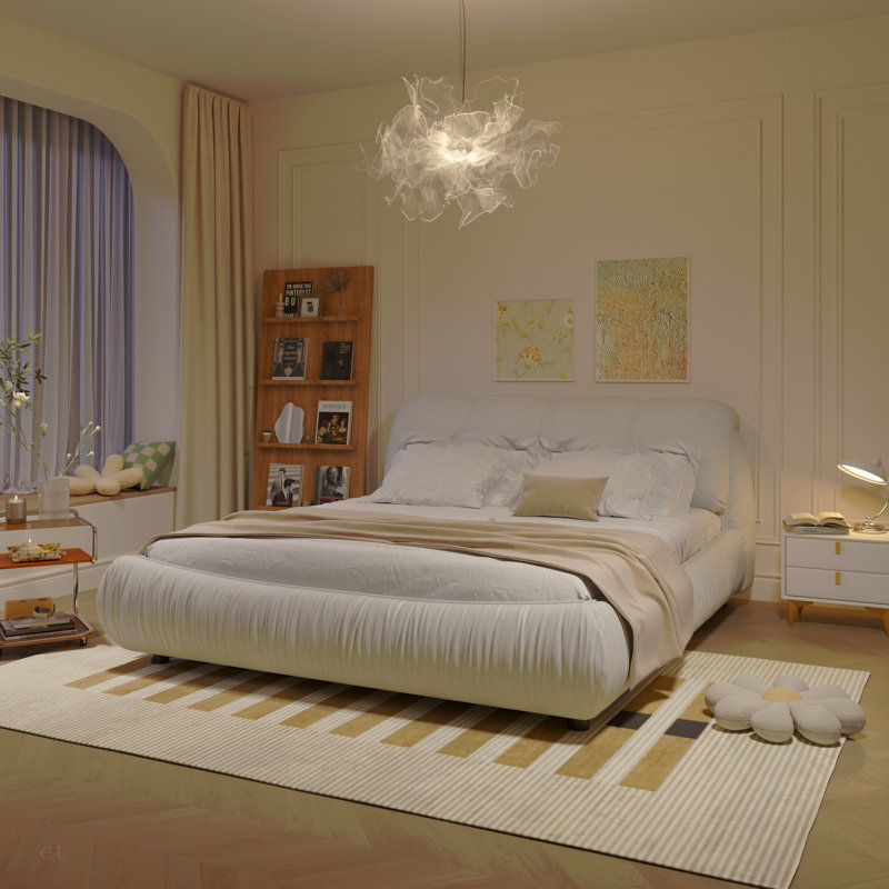 Très grand lit plateforme tapissier très grand avec dossier rembourré surdimensionné et structure en bois massif, convenant à plusieurs hauteurs de matelas