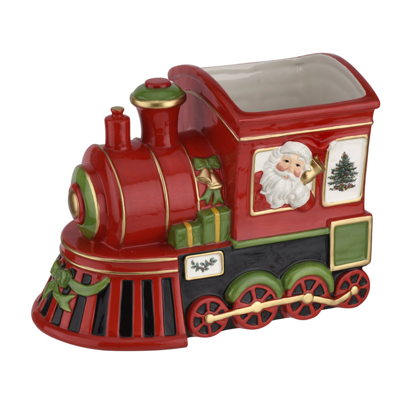 Moteur de train d'arbre de Noël Spode, plat à moteur de train de 9,75 pouces pour bonbons, noix, fruits séchés - bol de Noël en faïence fine - vaisselle de Noël classique et présentoir de manteau de cheminée festif
