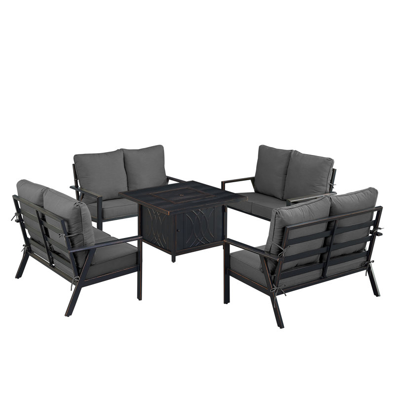 Ensemble de table de foyer en aluminium noir avec quatre causeuses profondes, Noir