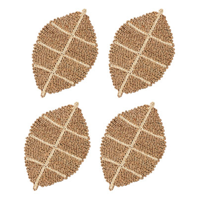 Natural Corn Husk Leaf Shaped Boho Placemats 13" W X 20" L, Set Of 4