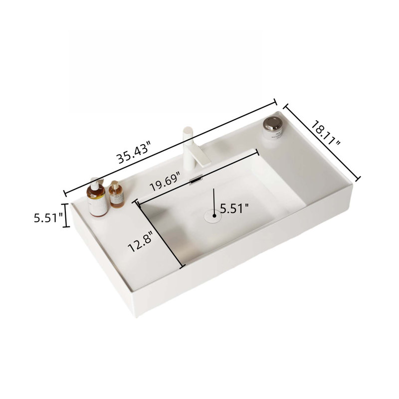 Bathroom Vanity With Vessel Sink, Wall-Mounted Floating White Rectangular Acrylic Integrated Basin Without Faucet, Striped Shelves Layer